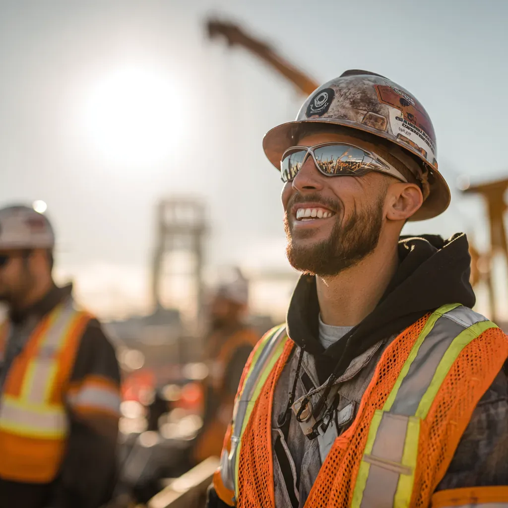 Civil infrastructure worker at a project site, crane behind.