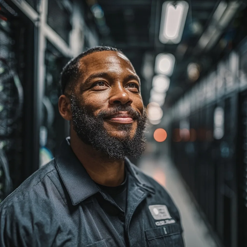 Data center engineer in a server aisle.