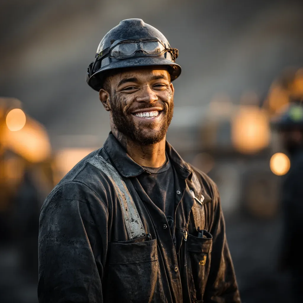 Mining worker at a site after dark.