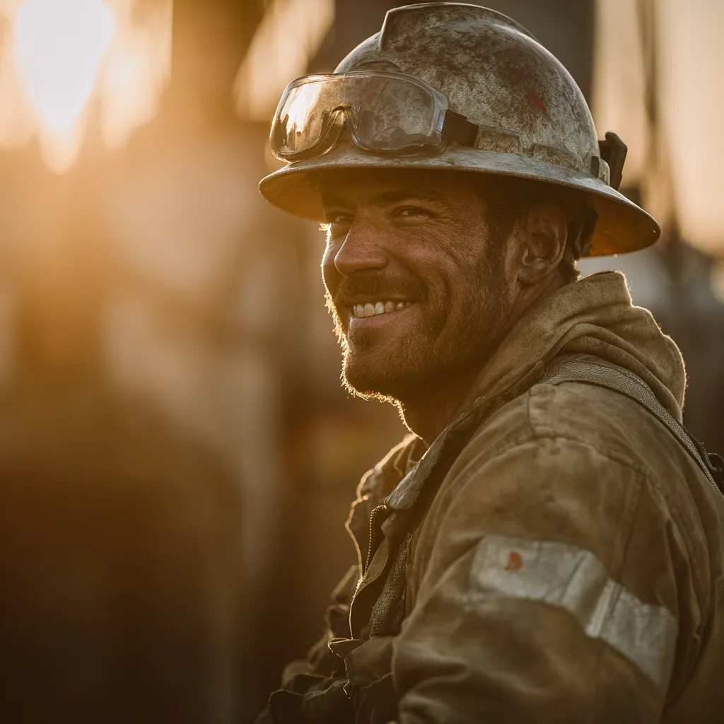 Oil and gas worker at a derrick at dusk.