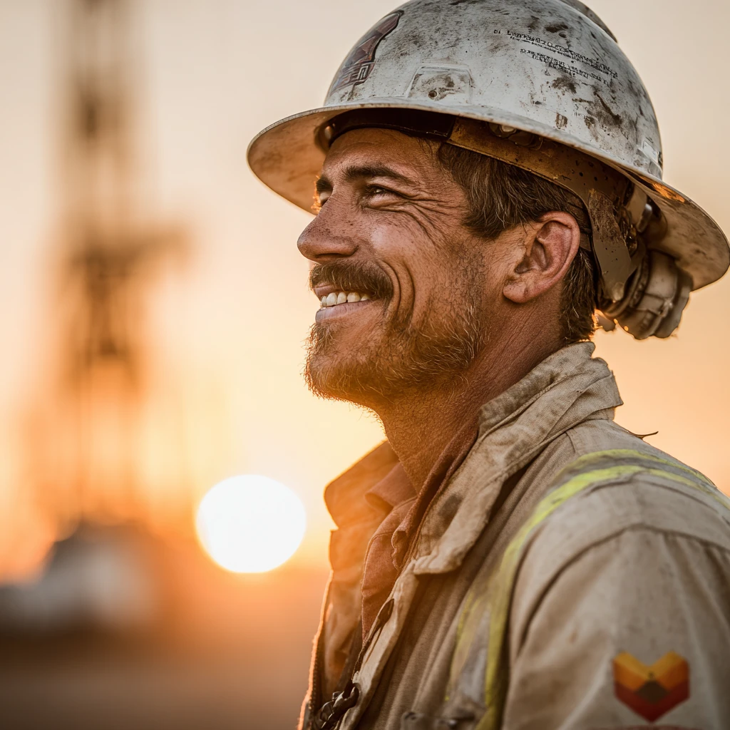 Editorial frame: a rig worker at golden hour, derrick soft behind.