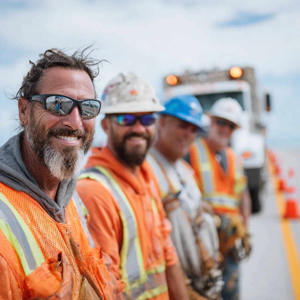 Utility crew near service trucks at a field deployment.